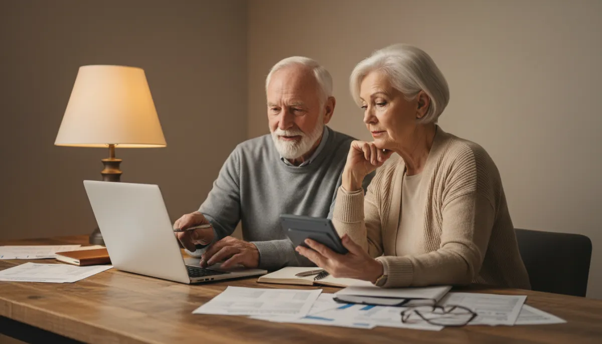 Veteran couple reviewing a budget with a laptop and calculator in warm neutral tones Veteran couple reviewing a budget with a laptop and calculator in warm neutral tones