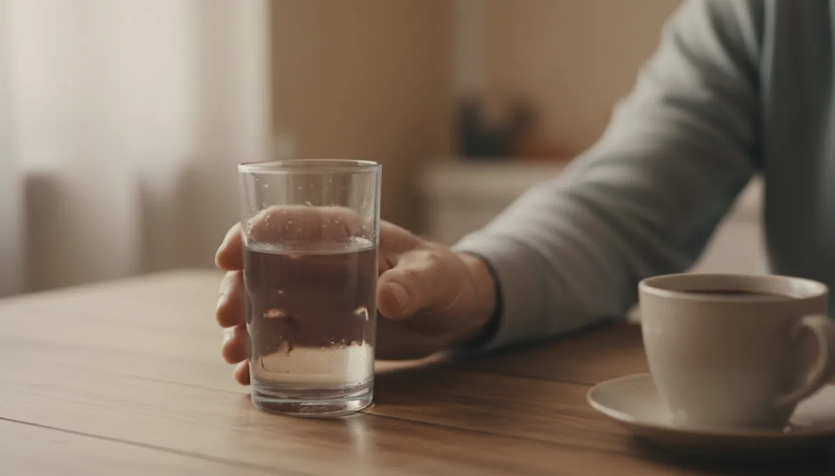 Veteran choosing a glass of water next to a mug of coffee Veteran choosing a glass of water next to a mug of coffee