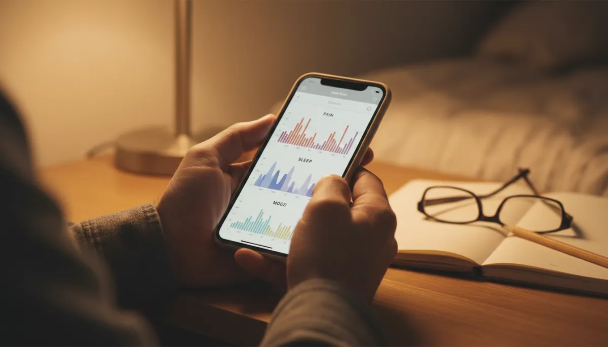 Veteran reviewing health tracking graphs on a smartphone in warm lamplight