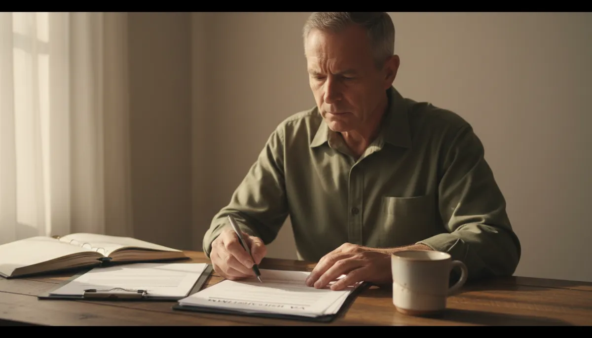 Veteran carefully completing VA disability paperwork at a warm-toned desk