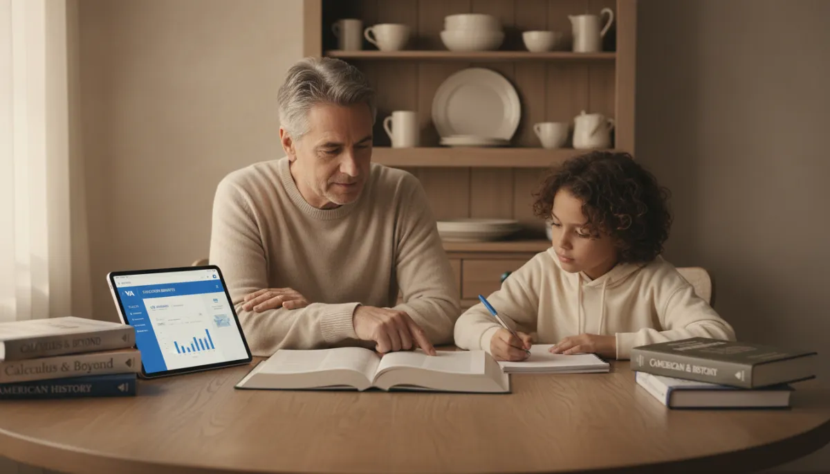 Veteran parent studying with a child nearby while reviewing VA benefits information