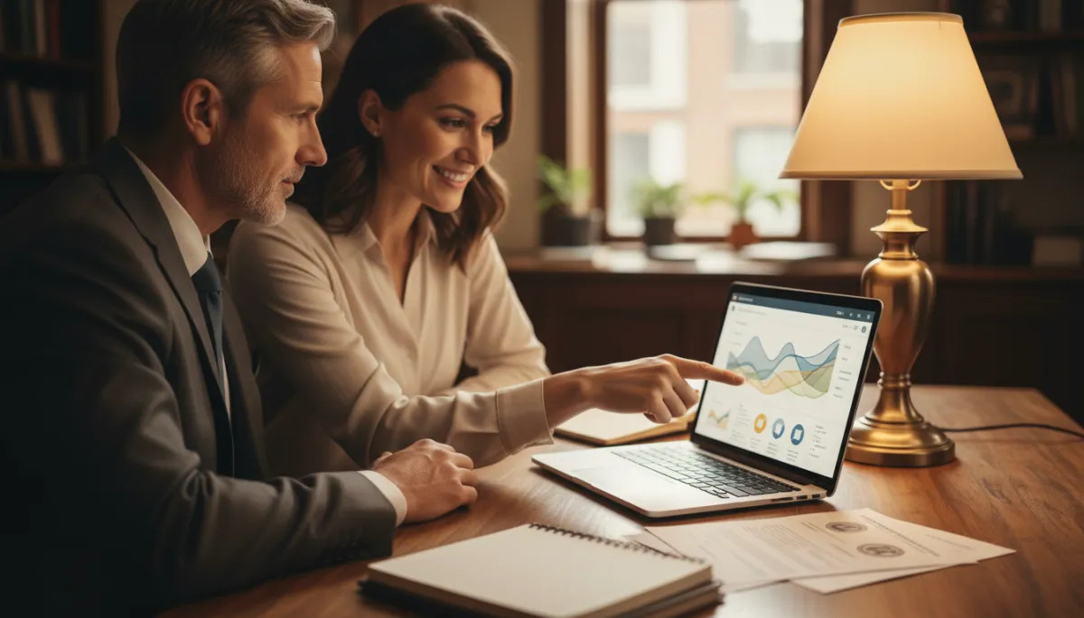 Veteran reviewing a personalized financial dashboard with a coach in a warm-toned office Veteran reviewing a personalized financial dashboard with a coach in a warm-toned office