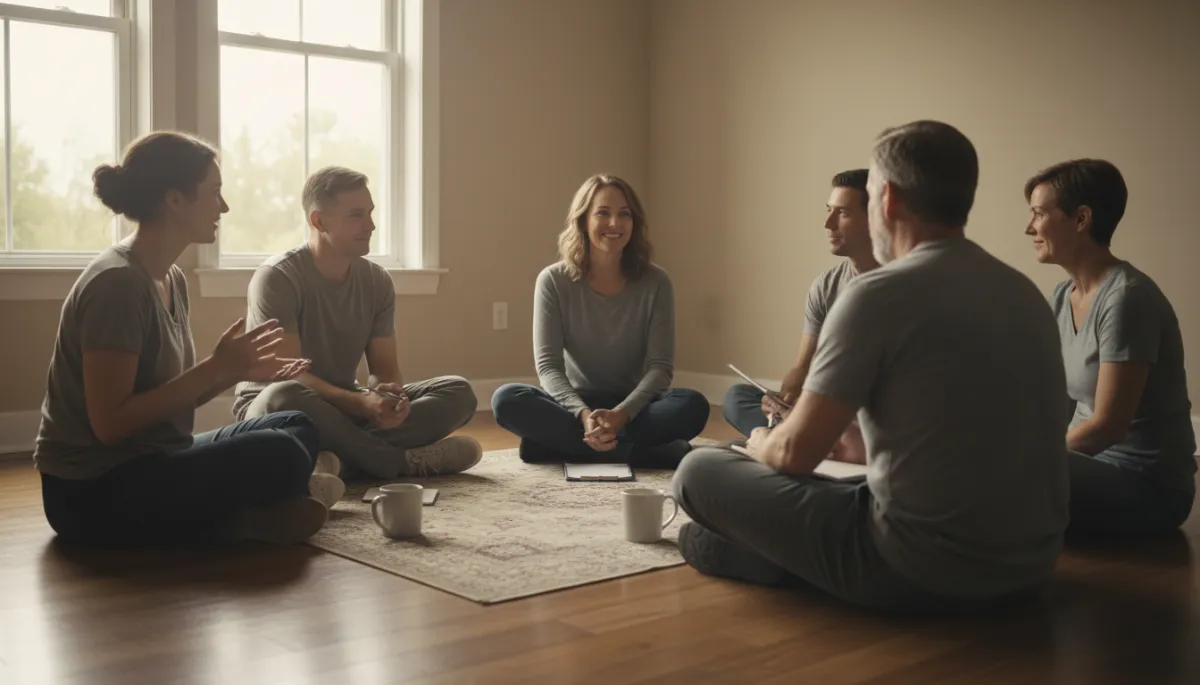 Group of Veterans participating in a Whole Health group session with a facilitator in a warm, welcoming room Group of Veterans participating in a Whole Health group session with a facilitator in a warm, welcoming room