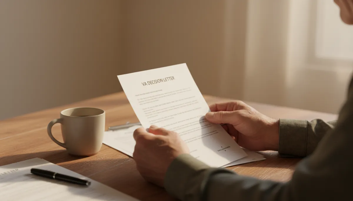 Veteran holding a VA disability decision letter in warm neutral tones Veteran holding a VA disability decision letter in warm neutral tones
