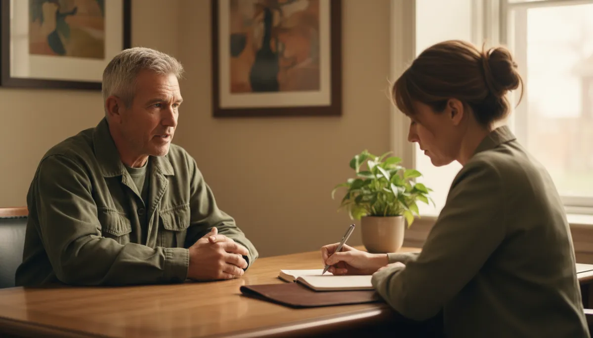 Veteran discussing depression symptoms with a mental health professional Veteran discussing depression symptoms with a mental health professional