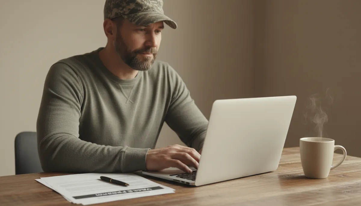 Veteran preparing VR&E documents and resume on a laptop