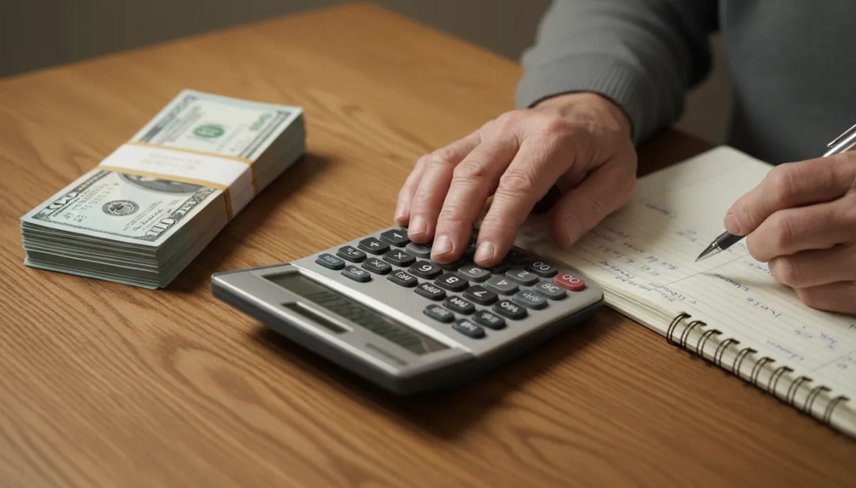 Veteran organizing bills and calculating debt payoff on a wooden table Veteran organizing bills and calculating debt payoff on a wooden table