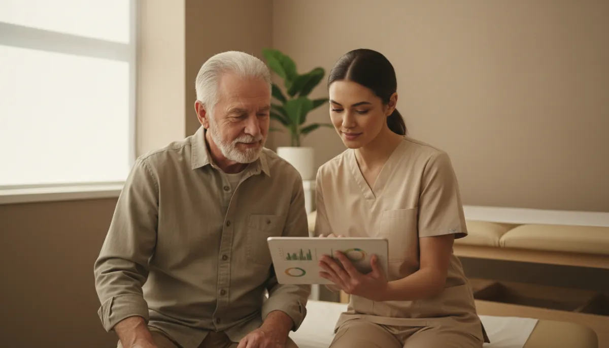 Veteran reviewing preventive screening results with a nurse in a clinic