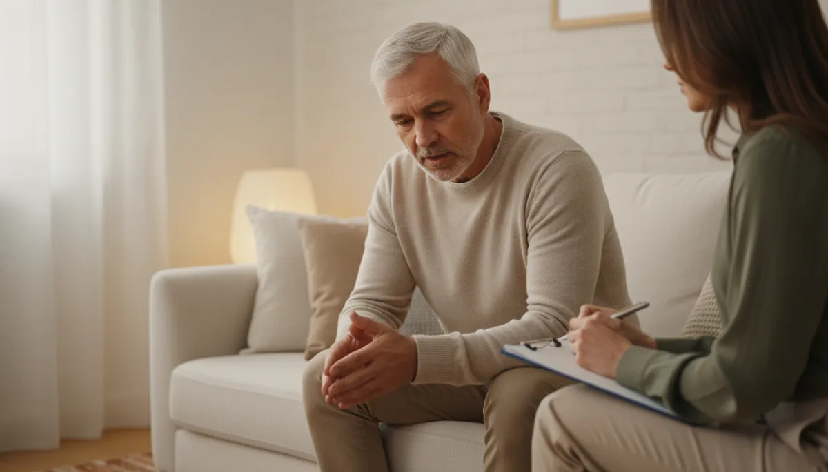 photorealistic warm neutral close-up of a veteran sitting on a couch in a softly lit living room, hands clasped, looking down and thoughtful while speaking with a clinician taking notes on a clipboard nearby