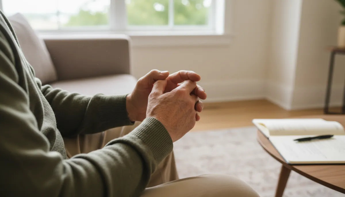Veteran sitting in a counseling room, hands clasped during a mental health discussion Veteran sitting in a counseling room, hands clasped during a mental health discussion