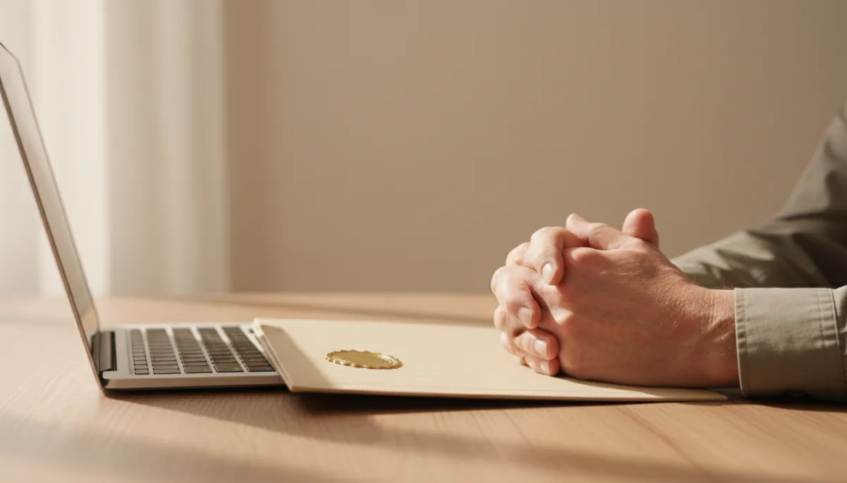Veteran reviewing newly earned professional certification documents at a warm-toned desk Veteran reviewing newly earned professional certification documents at a warm-toned desk