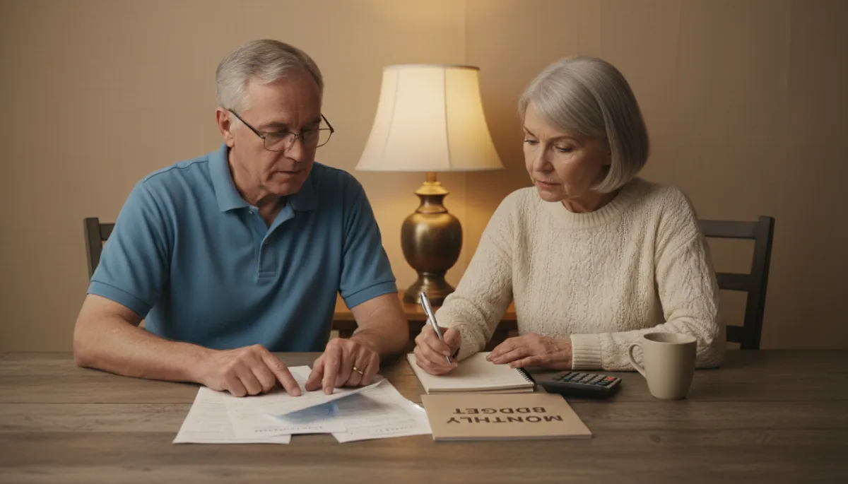 Veteran couple reviewing bills and planning their budget in warm neutral tones