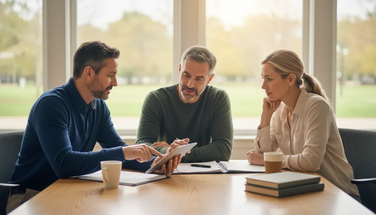 Veteran reviewing documents at a wooden desk with determination