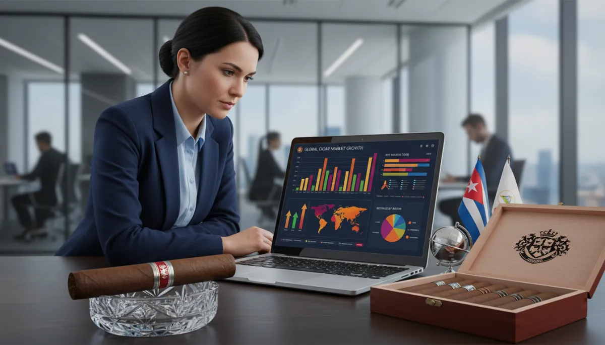 A photorealistic, high-quality image of a business analyst in a modern office setting, focusing intently on a sleek laptop screen displaying an interactive dashboard filled with colorful graphs, world maps, and growth charts specifically featuring cigar industry data. Prominently featured in the foreground is a premium, unlit cigar resting elegantly on a crystal ashtray beside the laptop, with a box of luxury cigars partially open, showcasing detailed cigar bands and textures. Subtle branding elements and global motifs, such as miniature globe or international flags, reinforce the worldwide scope of the industry. The overall atmosphere is professional, sophisticated, and analytical, perfectly suited for a business blog discussing the global cigar market’s structure and growth outlook in 2026. A photorealistic, high-quality image of a business analyst in a modern office setting, focusing intently on a sleek laptop screen displaying an interactive dashboard filled with colorful graphs, world maps, and growth charts specifically featuring cigar industry data. Prominently featured in the foreground is a premium, unlit cigar resting elegantly on a crystal ashtray beside the laptop, with a box of luxury cigars partially open, showcasing detailed cigar bands and textures. Subtle branding elements and global motifs, such as miniature globe or international flags, reinforce the worldwide scope of the industry. The overall atmosphere is professional, sophisticated, and analytical, perfectly suited for a business blog discussing the global cigar market’s structure and growth outlook in 2026.