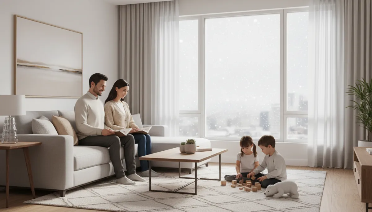 Edmonton family relaxing together in a tidy, professionally cleaned living room