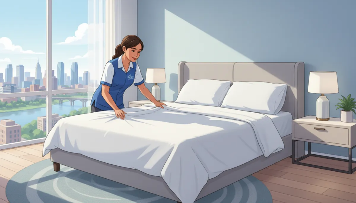 A realistic photo of a professional cleaner making a bed in a tidy, modern Edmonton bedroom. The cleaner should appear focused and friendly, with visible branded uniform and natural lighting. A realistic photo of a professional cleaner making a bed in a tidy, modern Edmonton bedroom. The cleaner should appear focused and friendly, with visible branded uniform and natural lighting.