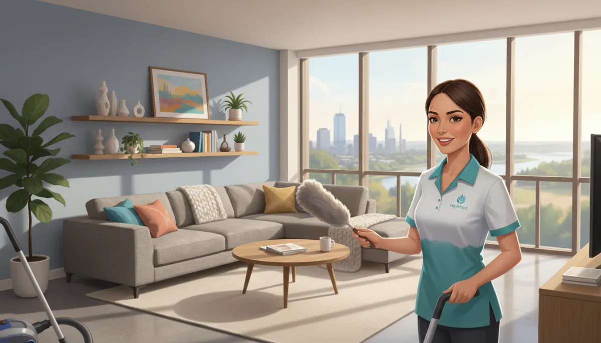 A realistic, high-quality photo of a friendly professional house cleaner in a branded HeyMaid uniform cleaning a bright, modern Edmonton living room with large windows and natural light. The setting should look authentic, inviting, and lived-in, not staged. A realistic, high-quality photo of a friendly professional house cleaner in a branded HeyMaid uniform cleaning a bright, modern Edmonton living room with large windows and natural light. The setting should look authentic, inviting, and lived-in, not staged.