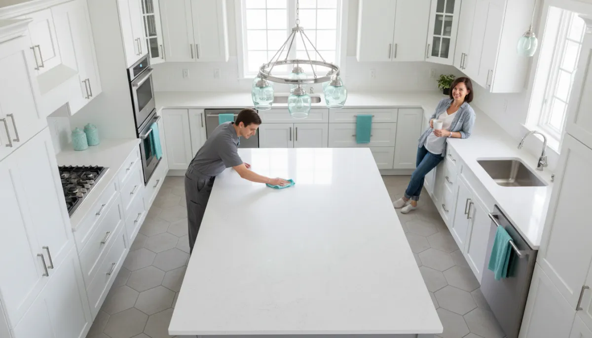 Cleaner doing a final wipe in a spotless, bright kitchen Cleaner doing a final wipe in a spotless, bright kitchen