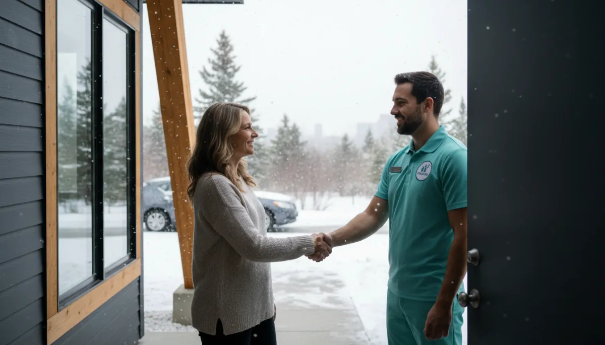 Homeowner greeting a professional cleaner at the front door Homeowner greeting a professional cleaner at the front door