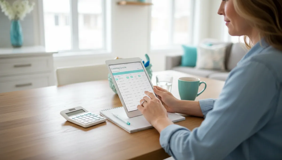 Homeowner reviewing a clear cleaning service quote on a tablet Homeowner reviewing a clear cleaning service quote on a tablet