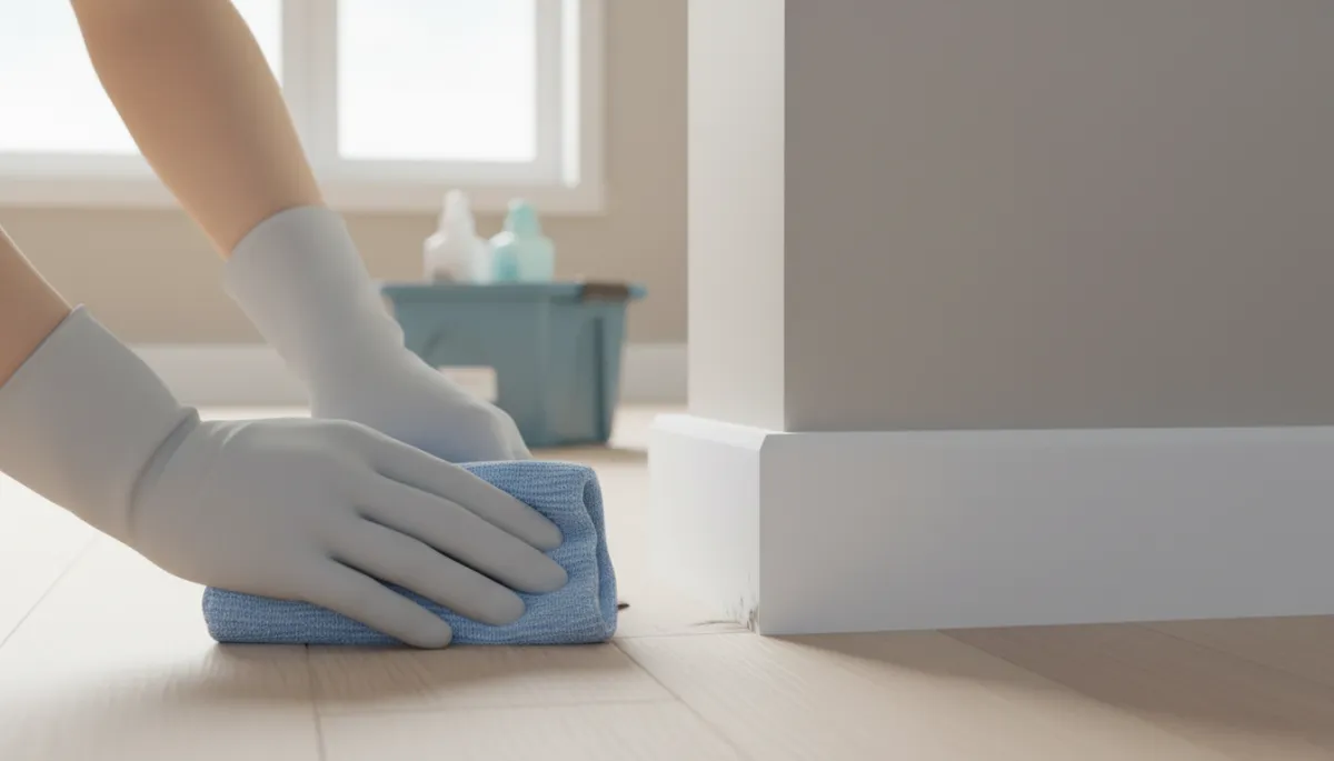 Cleaner wiping baseboards and corners in a bright Edmonton rental living room