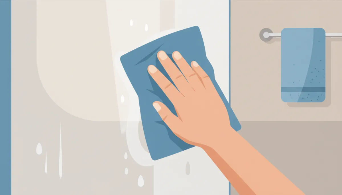 Hand drying a clean glass shower door with a microfiber cloth
