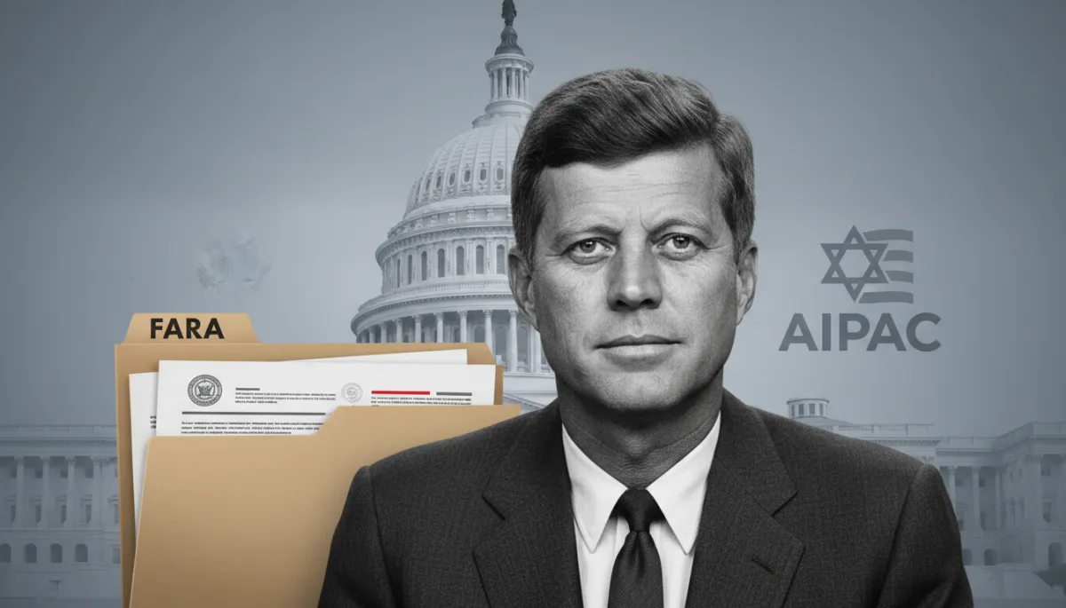 A photorealistic, high-quality image centered on a classic black-and-white portrait of John F. Kennedy, with a subtle overlay of the U.S. Capitol building in the background. To the left of Kennedy’s image, a modern folder labeled 