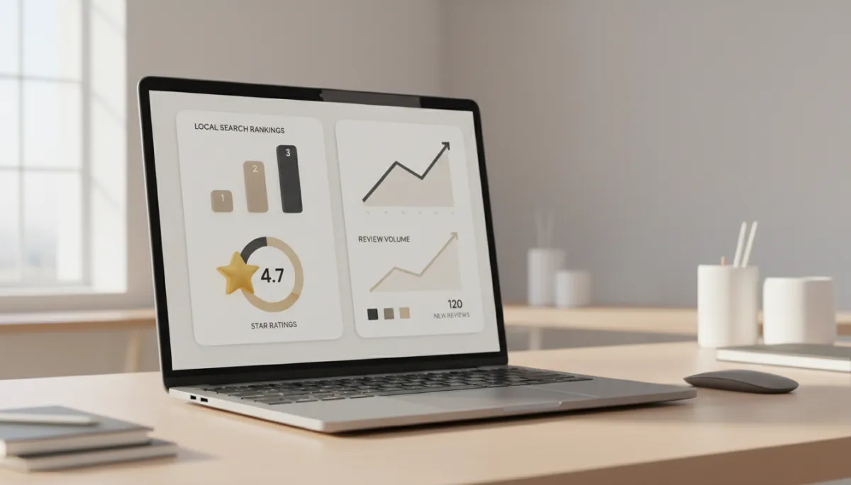 Dashboard with local SEO rankings and review metrics for a local business Dashboard with local SEO rankings and review metrics for a local business