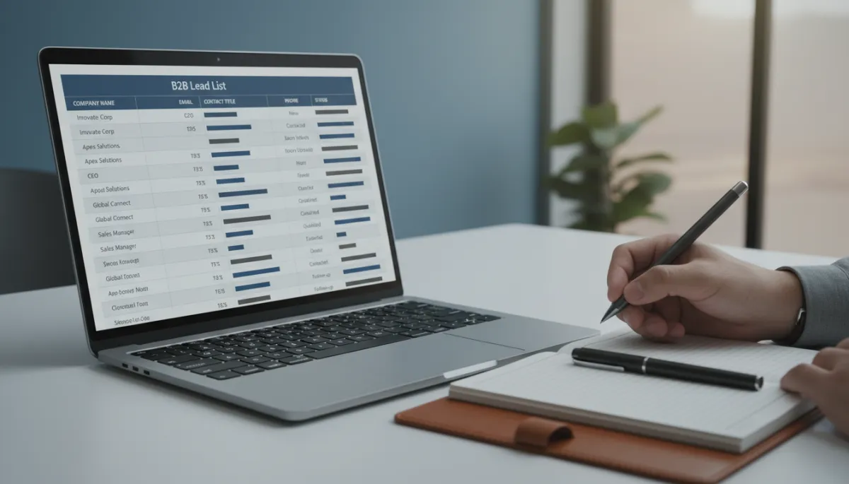 Organized B2B sales leads list displayed on a laptop in a professional workspace