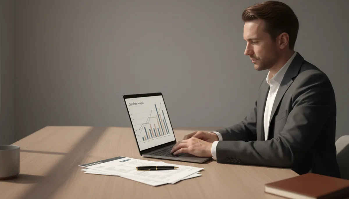 Dueño de negocio analizando proyecciones de flujo de caja en un portátil