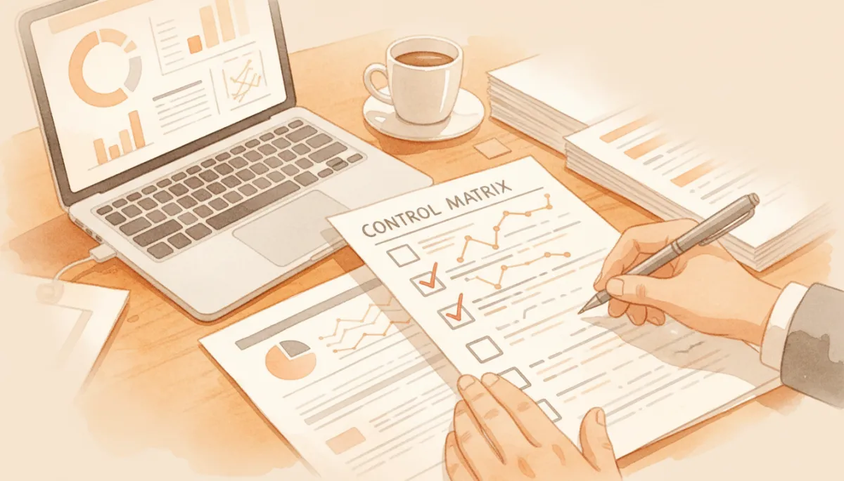 Auditor interno revisando listas de control y reportes financieros en una oficina profesional