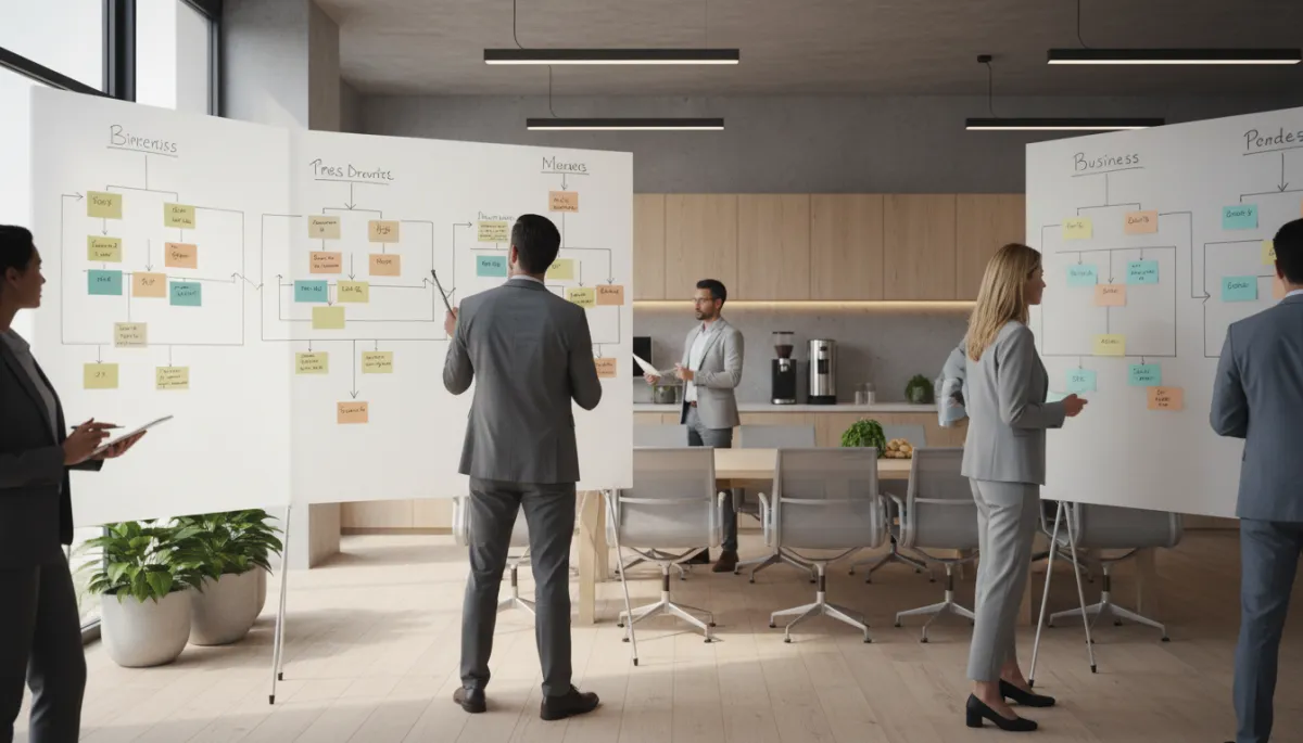 Equipo directivo rediseñando procesos y estructura organizativa en un taller de trabajo