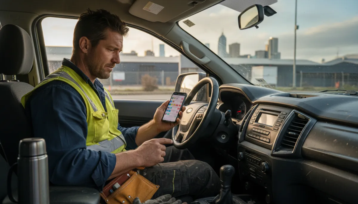 Tradie in a ute reviewing a full calendar of booked jobs on their phone