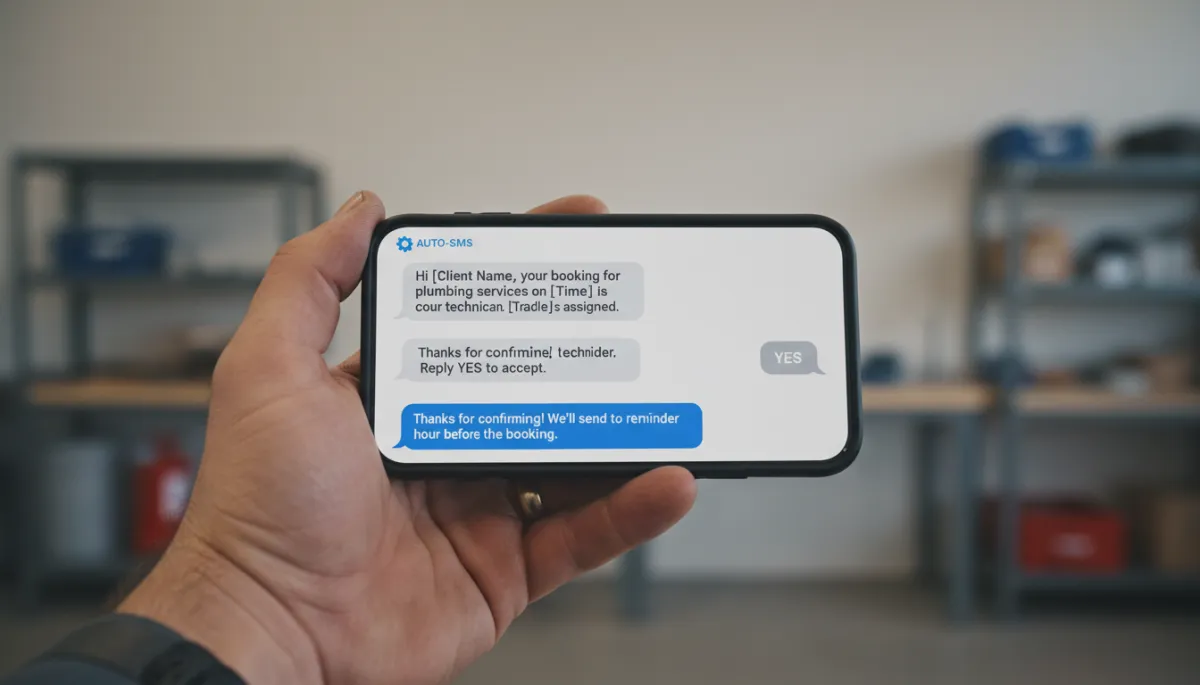 Phone screen showing an automated SMS text from a trade business following up a missed call