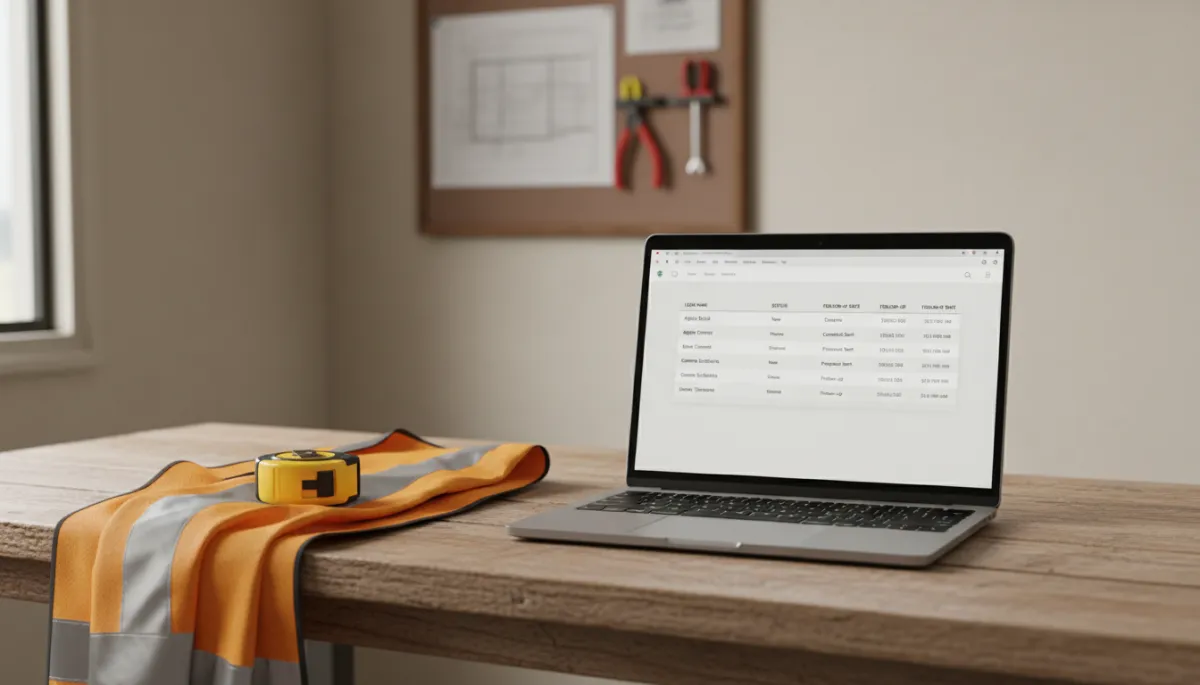 CRM dashboard on a laptop showing leads and follow-ups for a trade business