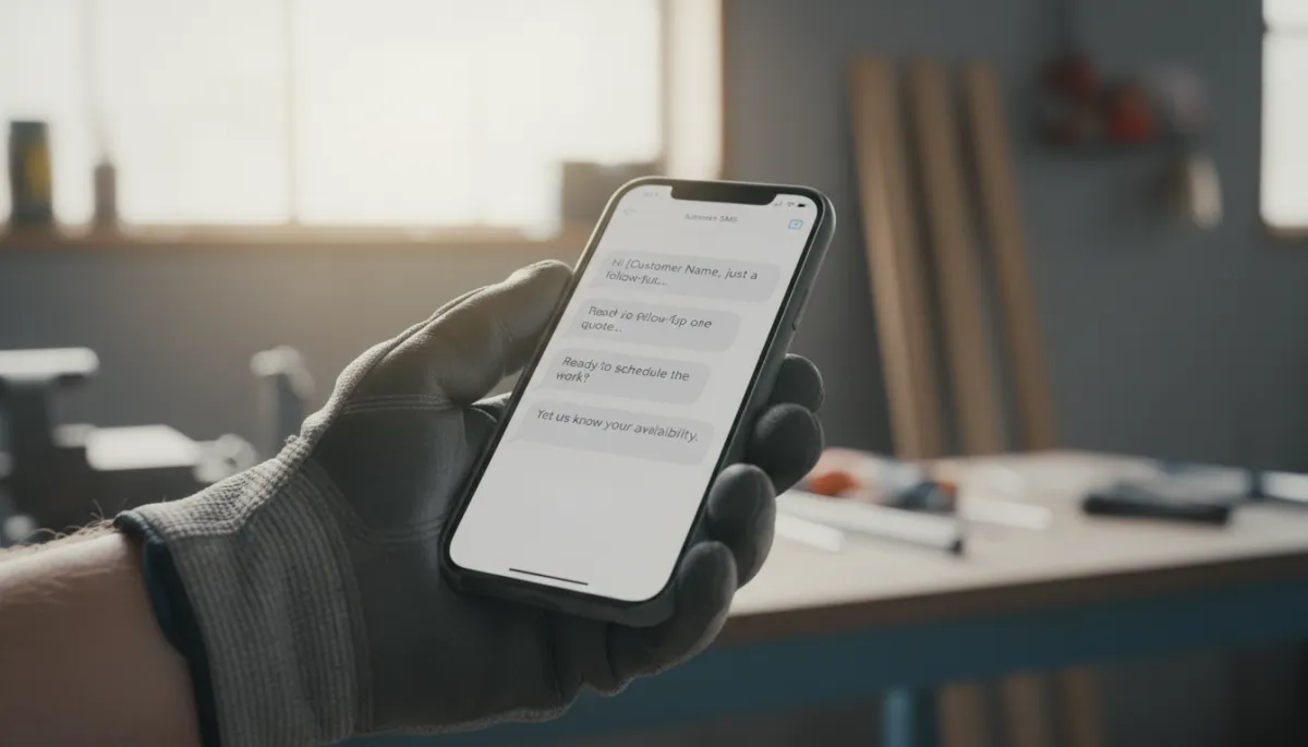 Smartphone showing an automated SMS follow-up conversation for a tradie