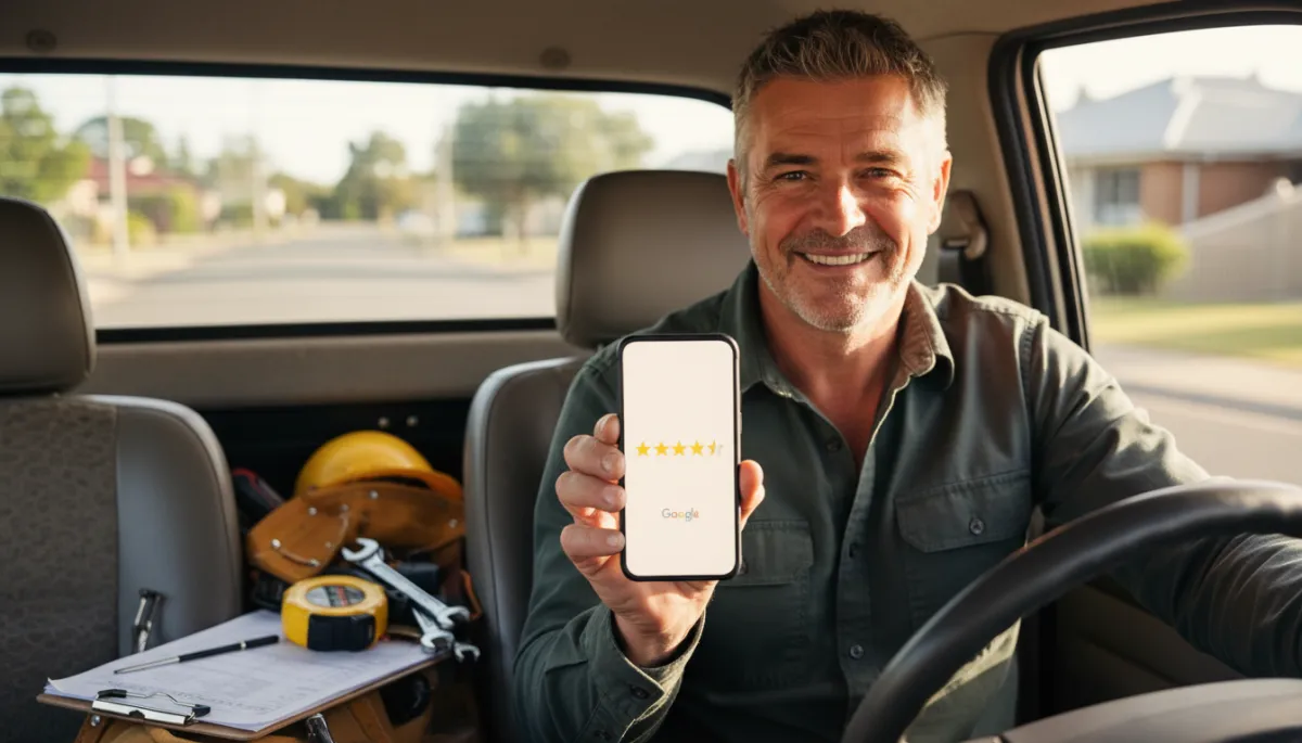 Trade business owner smiling at a 5-star Google review on their phone