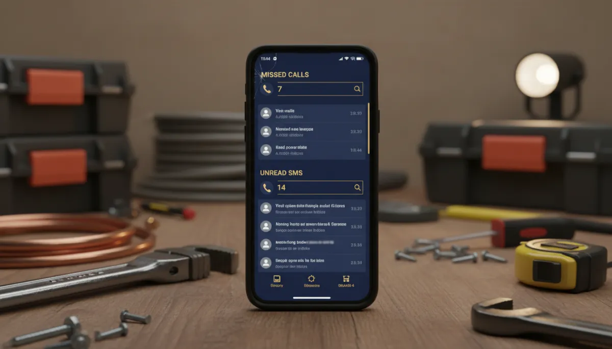 professional photorealistic close-up of a smartphone on a workbench in an Australian plumbing van, showing multiple missed calls and unread SMS enquiries, navy #0A0F25 and gold #D8A54F UI accents on the screen