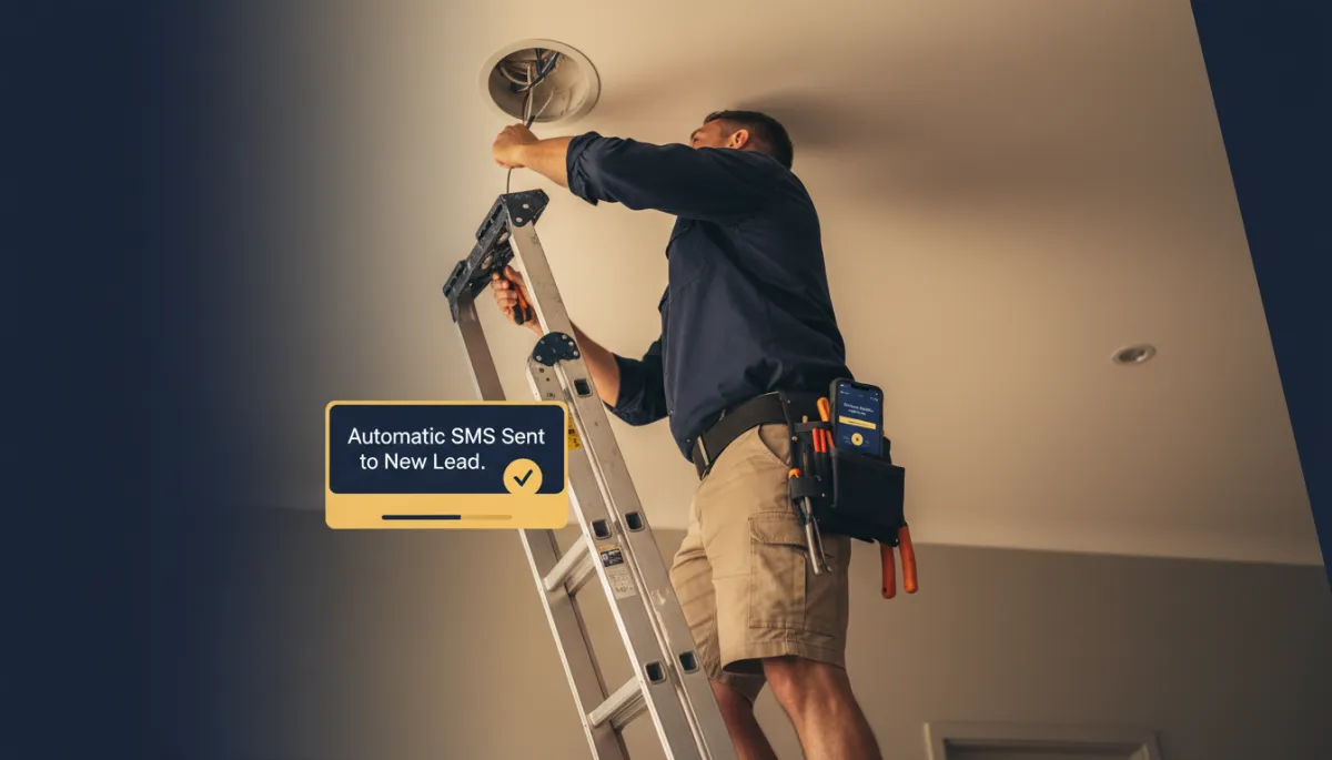 professional photorealistic scene of an Australian electrician on a ladder working on a ceiling light while their phone in a pocket or tool belt shows an automatic SMS being sent to a new lead, subtle navy #0A0F25 and gold #D8A54F interface elements
