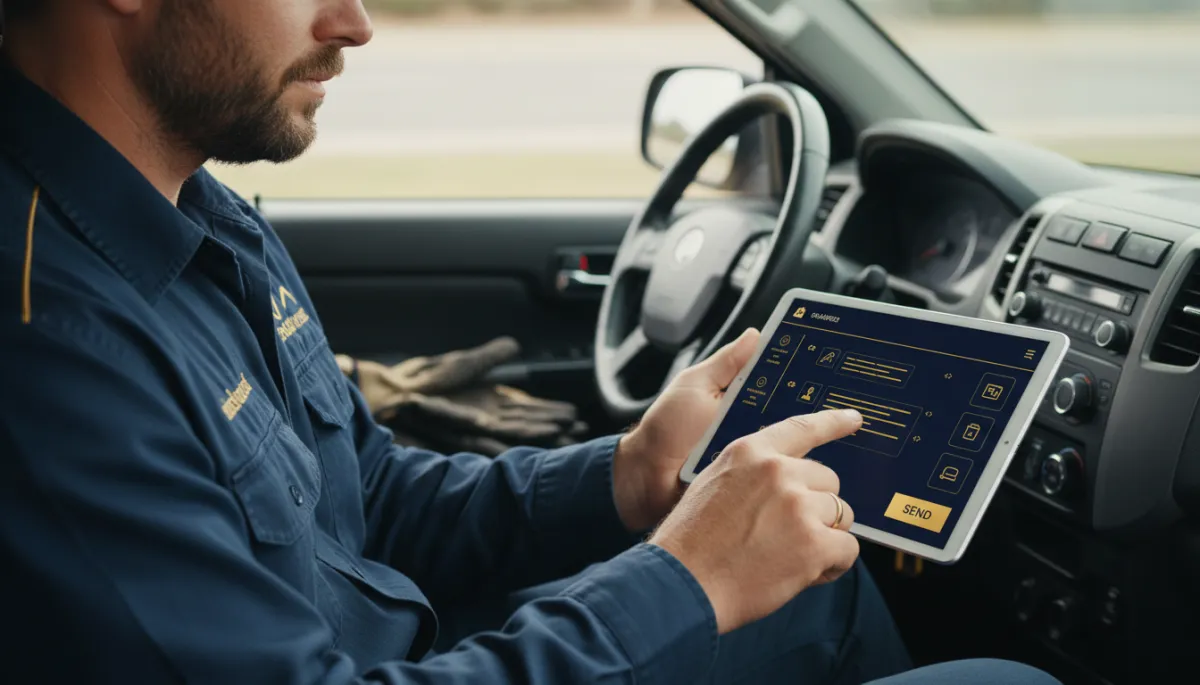 Tradie in ute using tablet to send customer follow-up messages