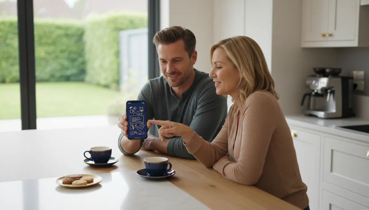 Homeowner sharing tradie contact details with a friend over coffee