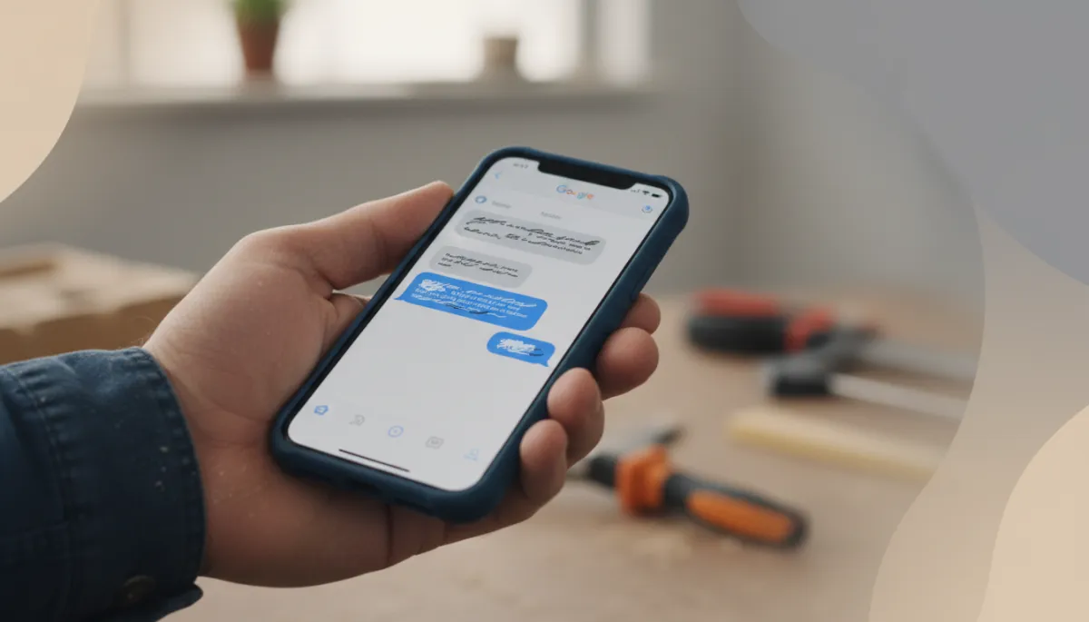 Tradie holding smartphone with an automatic Google review request text