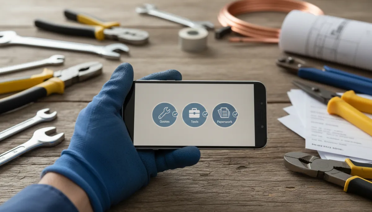 Plumber reviewing automated quote follow-up messages on a smartphone