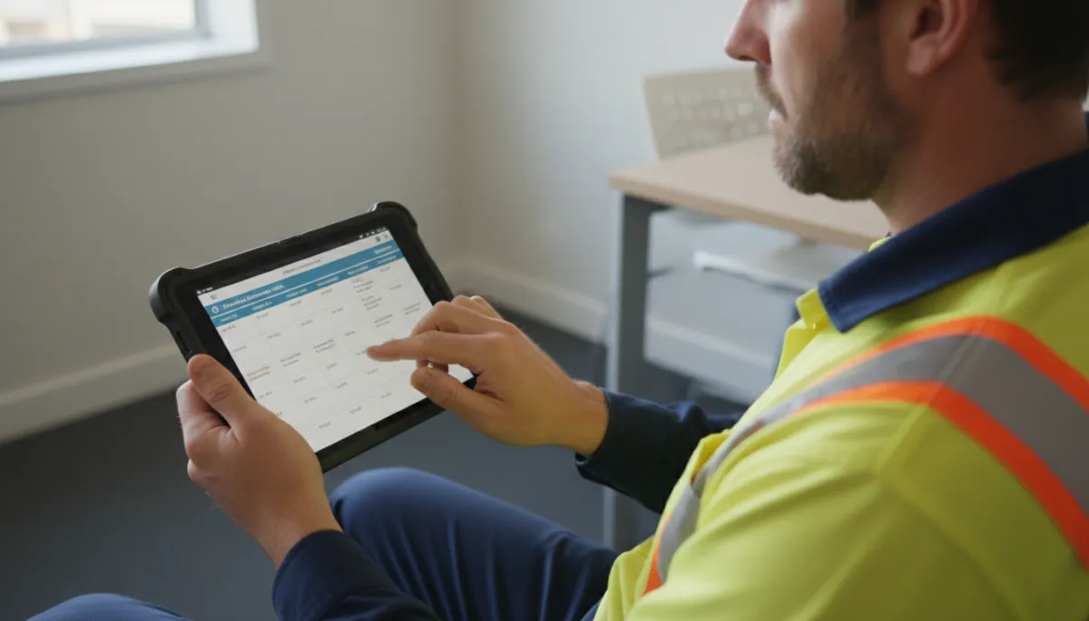Electrician checking automated maintenance schedule on a tablet