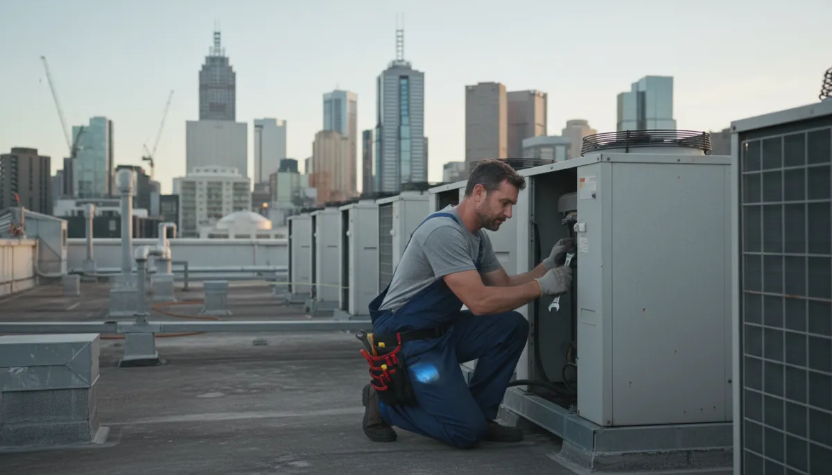 photorealistic wide shot of an HVAC technician on a Melbourne CBD rooftop beside outdoor AC units, phone buzzing in his pocket while he works, late afternoon neutral lighting, city skyline in background