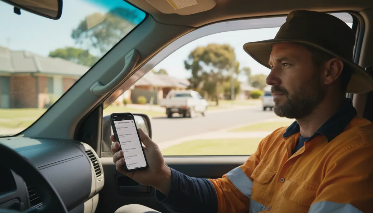 photorealistic neutral-toned scene of an Australian tradie in hi-vis sitting in a ute, looking at a smartphone showing customer messages and bookings, suburban street in background, soft natural light