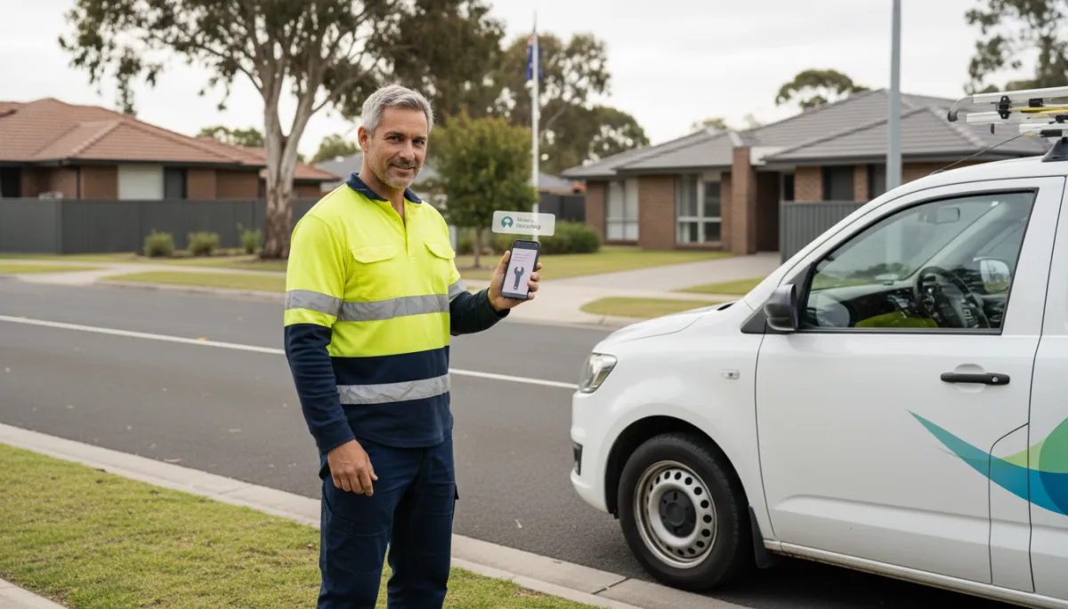 photorealistic neutral-toned image of an Australian HVAC technician in hi-vis shirt and work pants standing beside a service van, glancing at a smartphone showing a new booking notification, suburban Aussie street in the background, soft natural daylight, realistic detail
