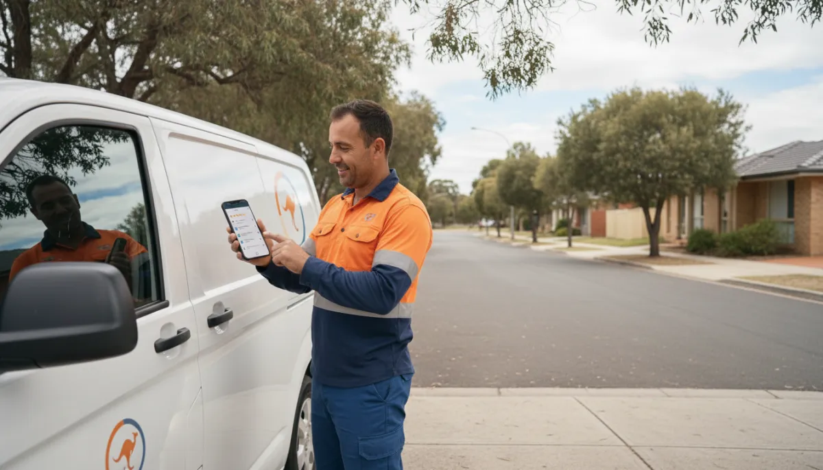 photorealistic wide shot of Australian trade contractor in branded workwear standing beside a van, checking Google reviews on a smartphone, suburban street with neutral colour tones