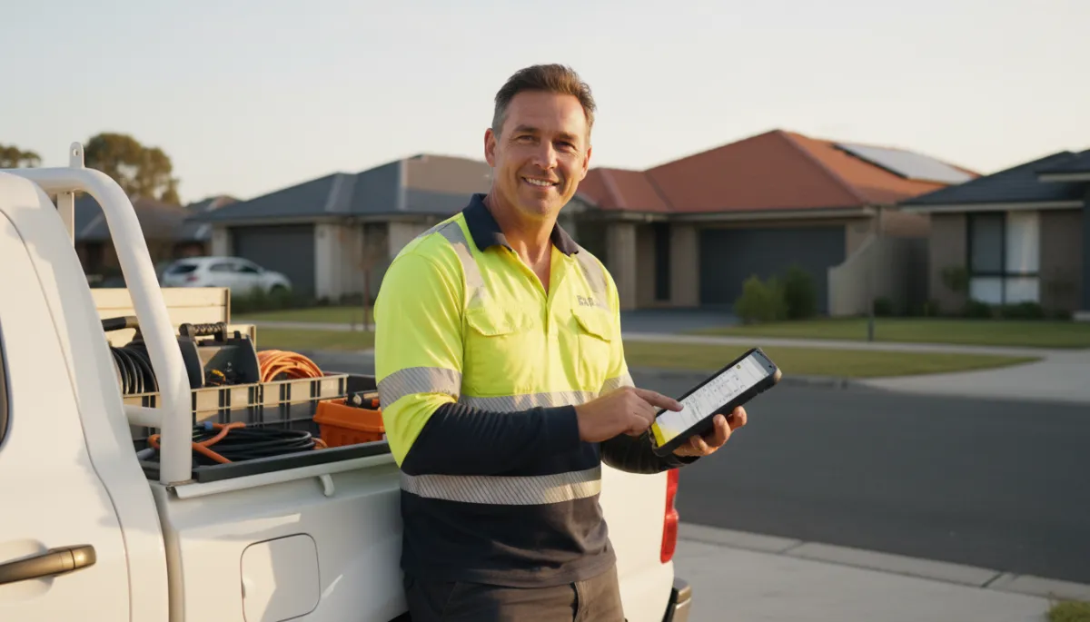 photorealistic neutral-tone scene of an Australian electrician in hi-vis shirt checking quotes on a tablet in a tidy ute, suburban homes in background, soft afternoon light