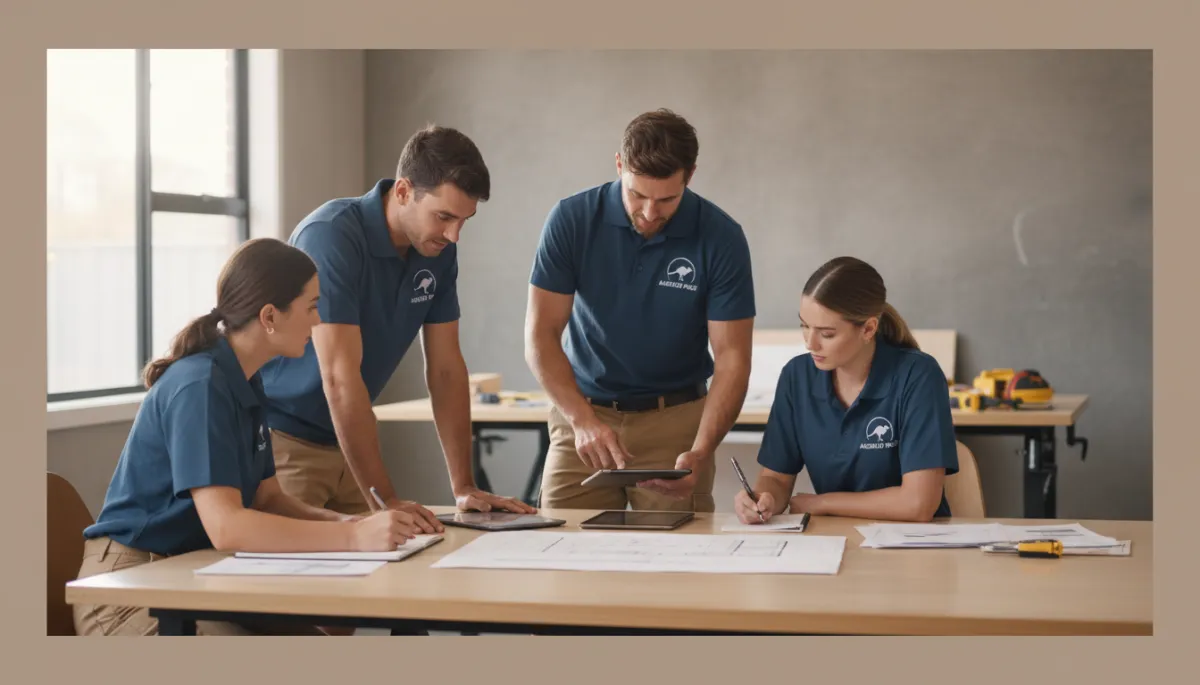 photorealistic wide shot of Australian trade contractor team in branded workwear planning jobs around a table with tablets and paperwork in a neutral-toned workshop office, soft daylight, calm and organised atmosphere